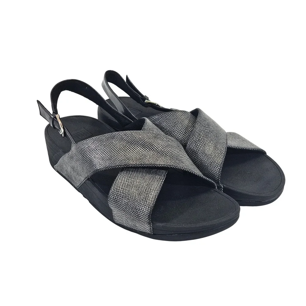 FitFlop Lulu Sandals Womens 10 Silver Snakeskin Metallic Slingback Wedge K54-547